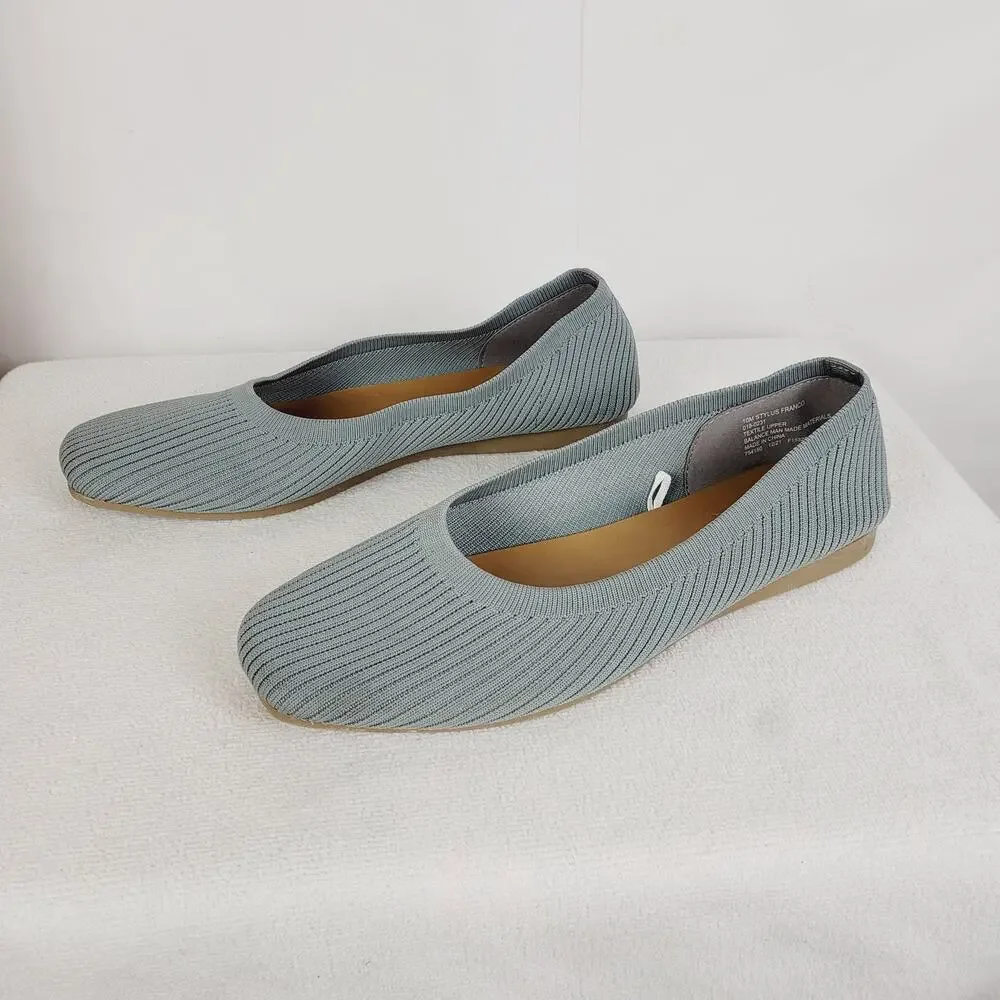 Stylus Womens Franco Grey Square Toe Ribbed Fabric Slip On Flats Size 10